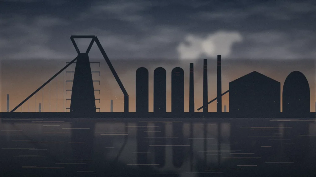 Illustration of a steelworks skyline at dusk across water, representing the global demand outlook