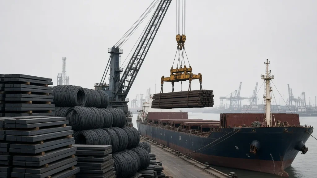 Steel billets and wire rod being loaded onto a cargo ship at a port