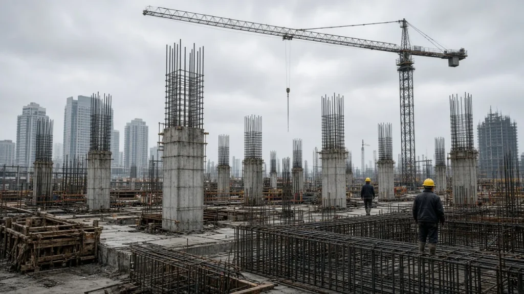 Construction site with rebar cages and a tower crane