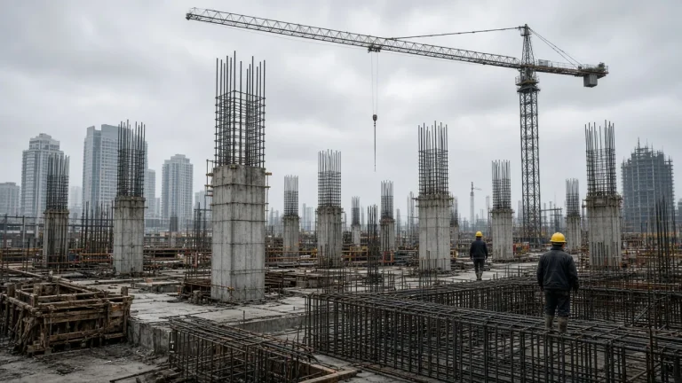 Construction site with rebar cages and a tower crane