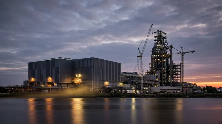Steelworks with new furnace building under construction at dusk, reflected in water