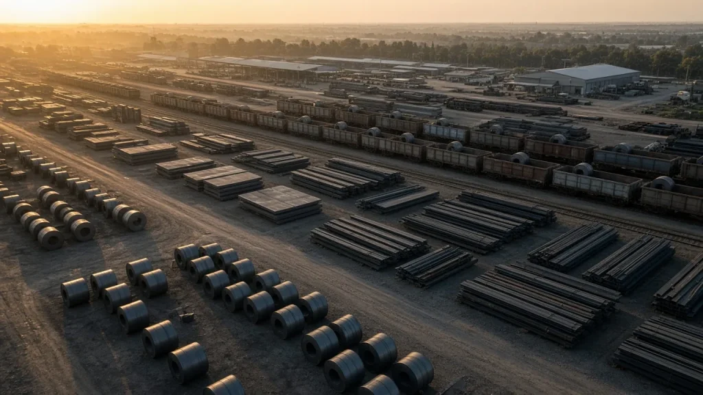 Aerial view of a steel yard with coils, plates and rail wagons at golden hour