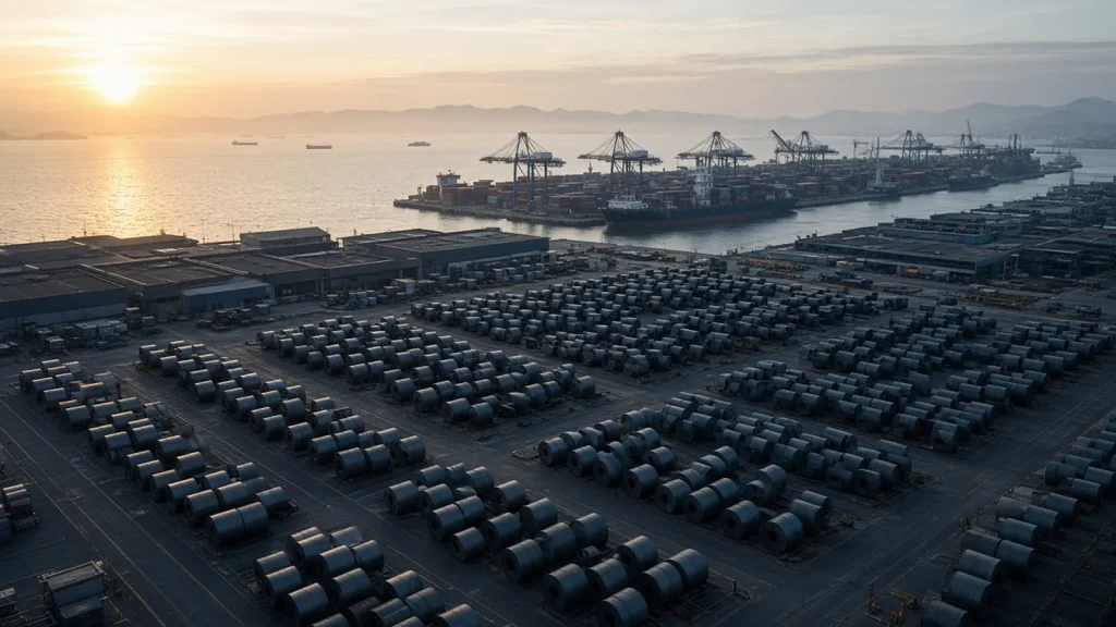 Steel coil storage yard beside a container port at dawn, with cranes and ships in soft haze